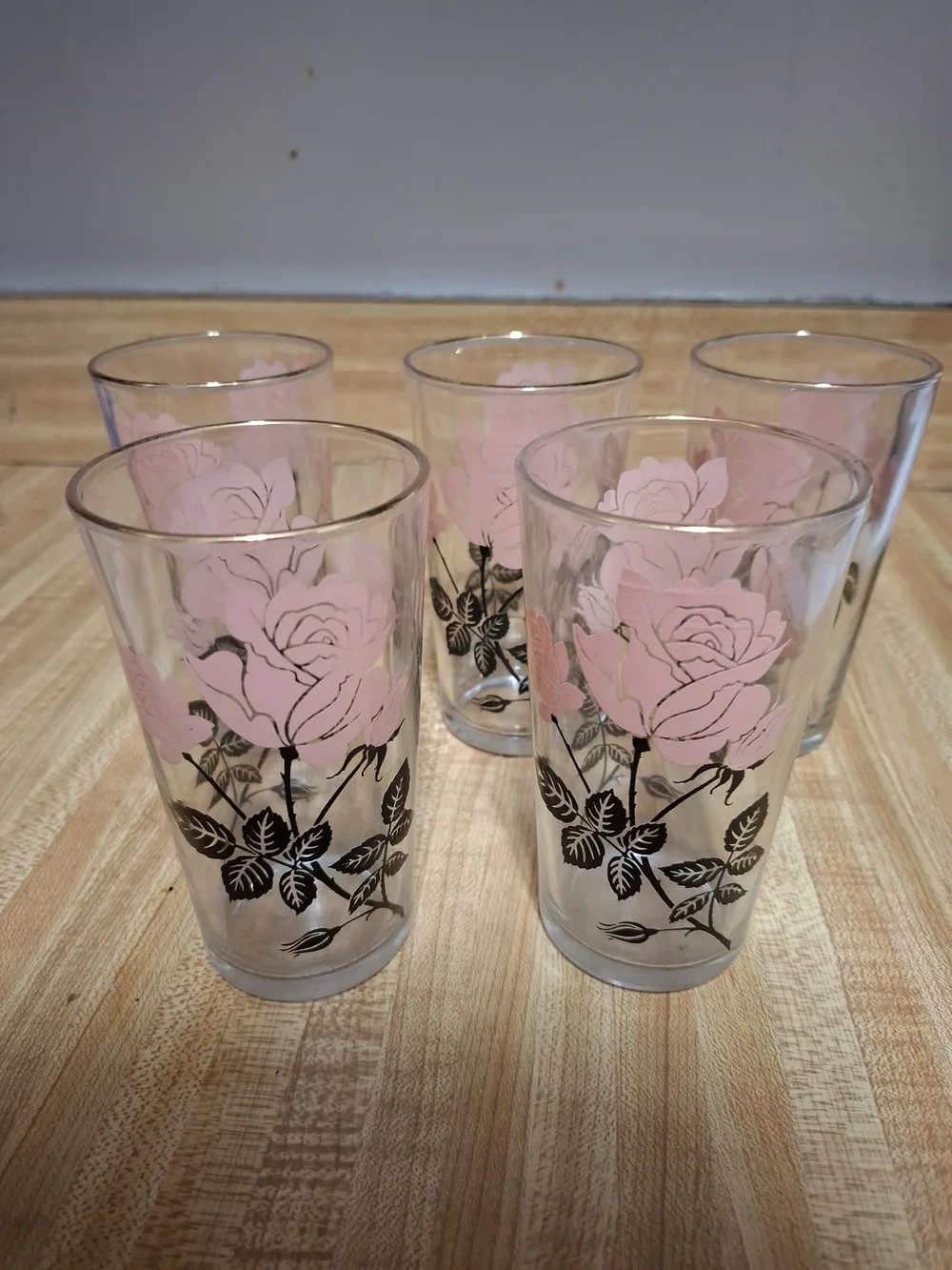 Pink Rose Glass Tumbler Set - Floral Print Drinking Glasses